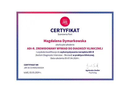 Certyfikat ADI-R, Magdalena Dymarkowska