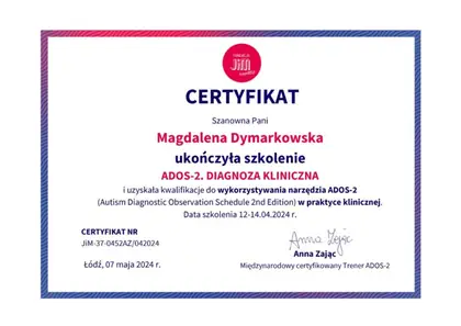 Certyfikat ADOS-2, kwalifikacja do stosowania narzędzia, Magdalena Dymarkowska