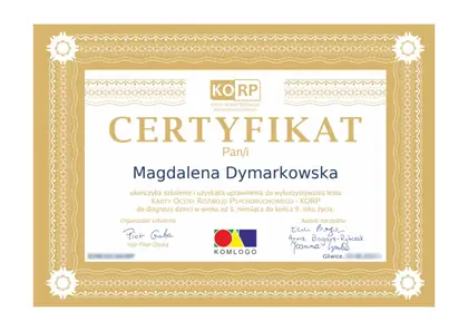 Certyfikat KORP Karty Oceny Rozwoju Psychoruchowego, Magdalena Dymarkowska